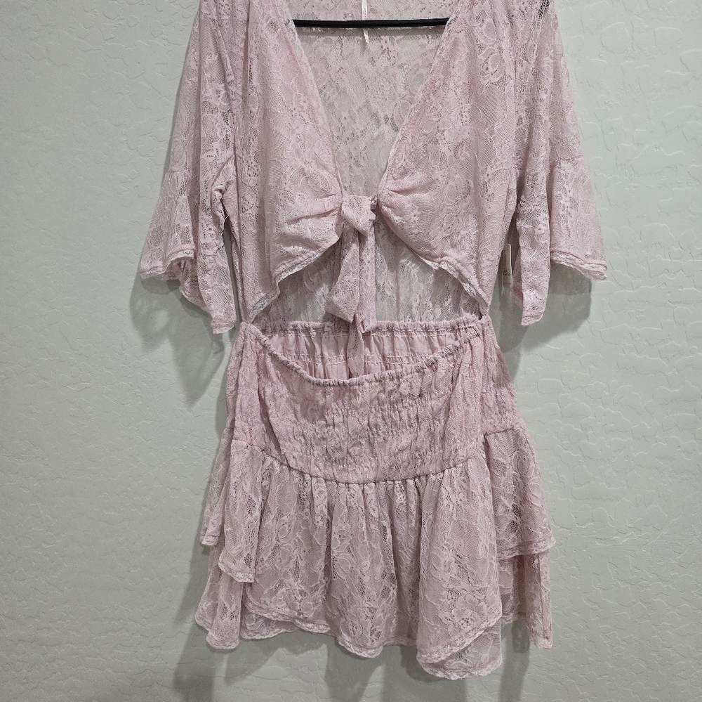 Free People Lala Lace Sheer  V-Neck Mini Dress in Pink Dawn - Picture 3 of 6